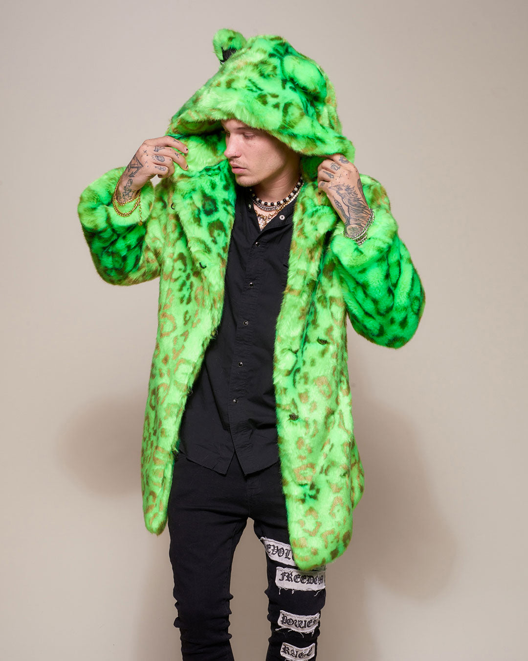 Man wearing Neon Green Leopard Luxe Classic Faux Fur Coat, front view 4