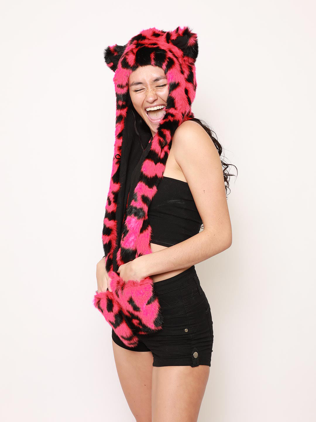 Smiling Female Model Wearing Pink Panther Faux Fur Hood 