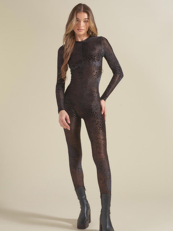 Black Snakeskin Burnout Velvet Full Bodysuit | Women's Exquisite Attire ...