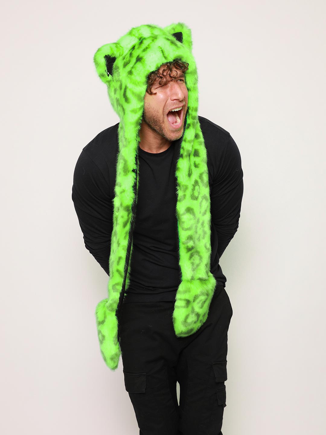 Man wearing Neon Green Leopard Luxe Collector Edition Faux Fur Hood, front view 1