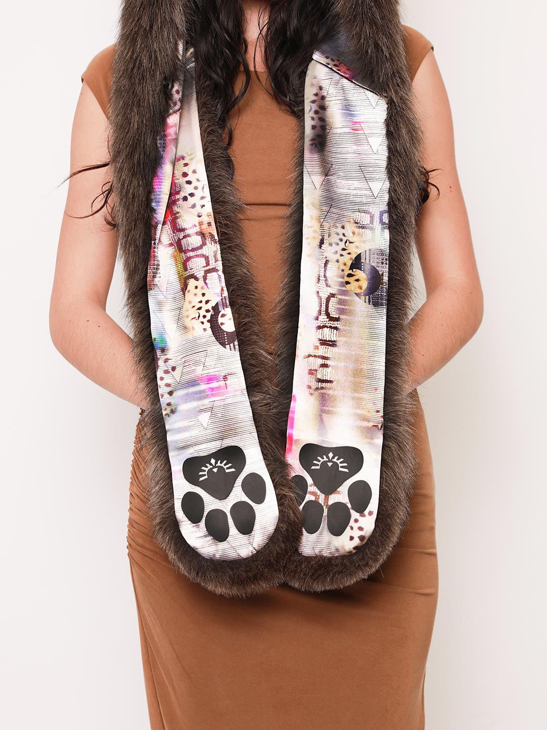 Woman wearing Cyber Wolf Collector Edition Faux Fur Hood, front view