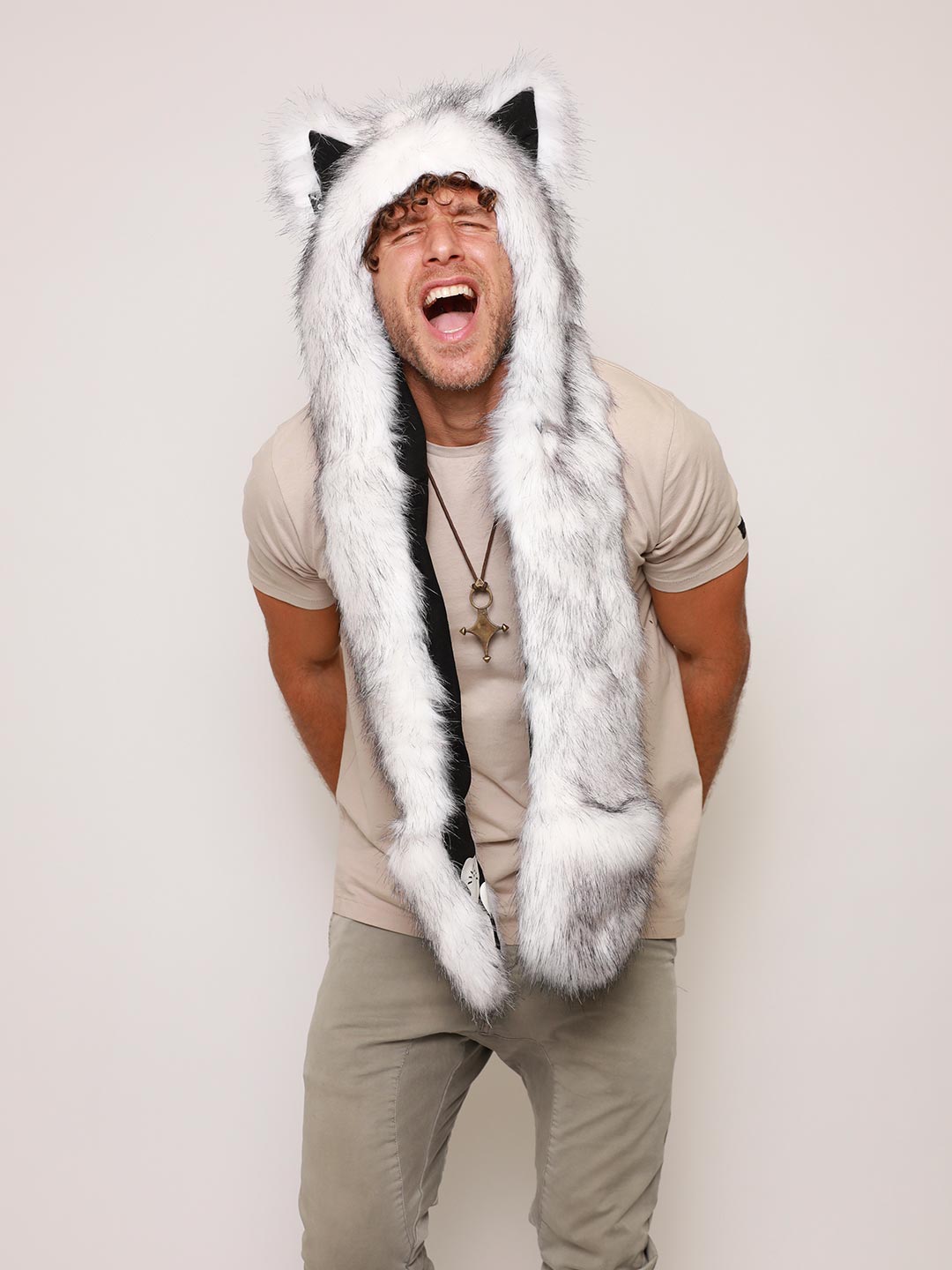 White Husky Faux Fur Hood on Male Model