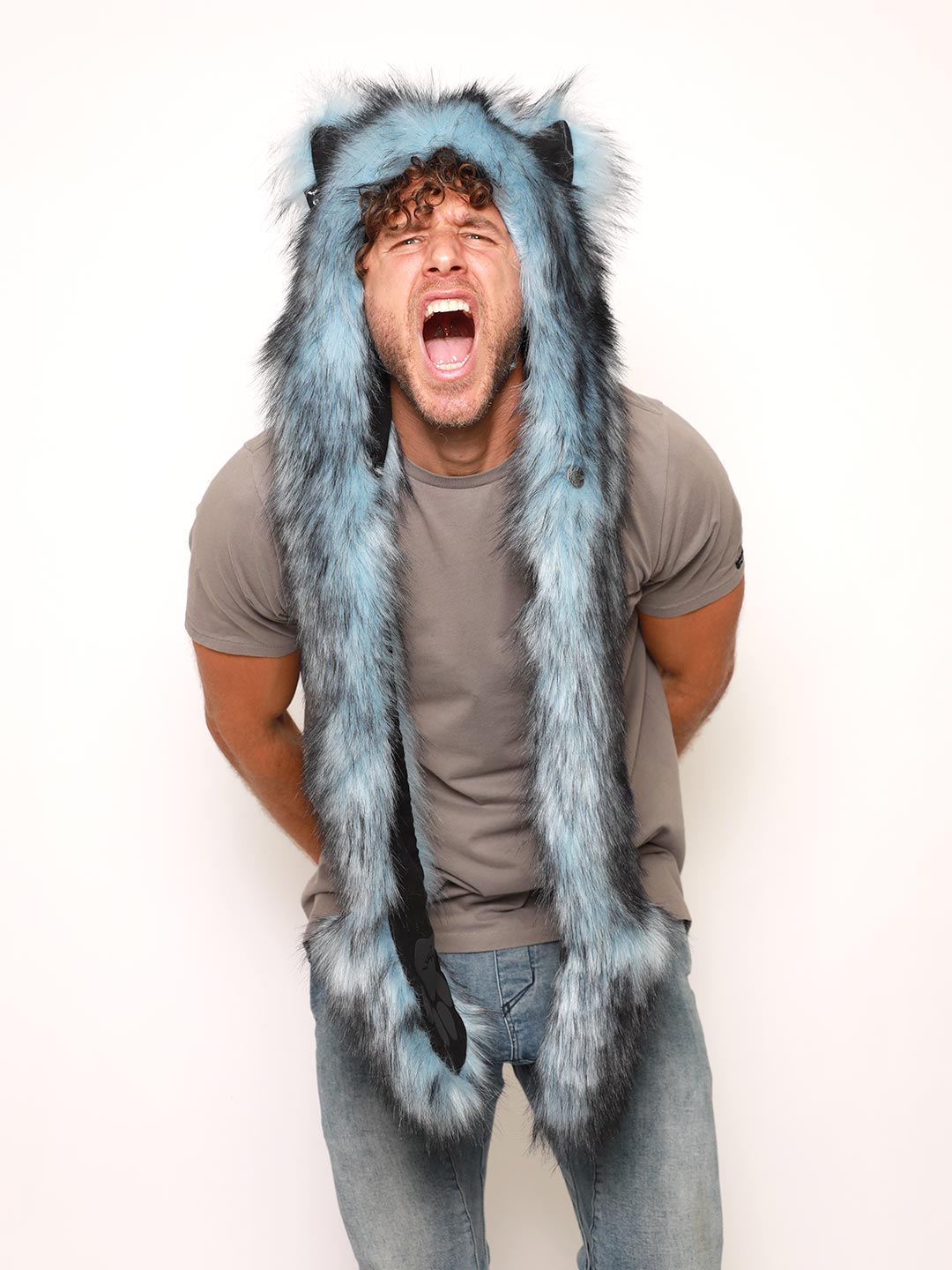 Man wearing Ice Husky Collector Edition Faux Fur Hood, front view