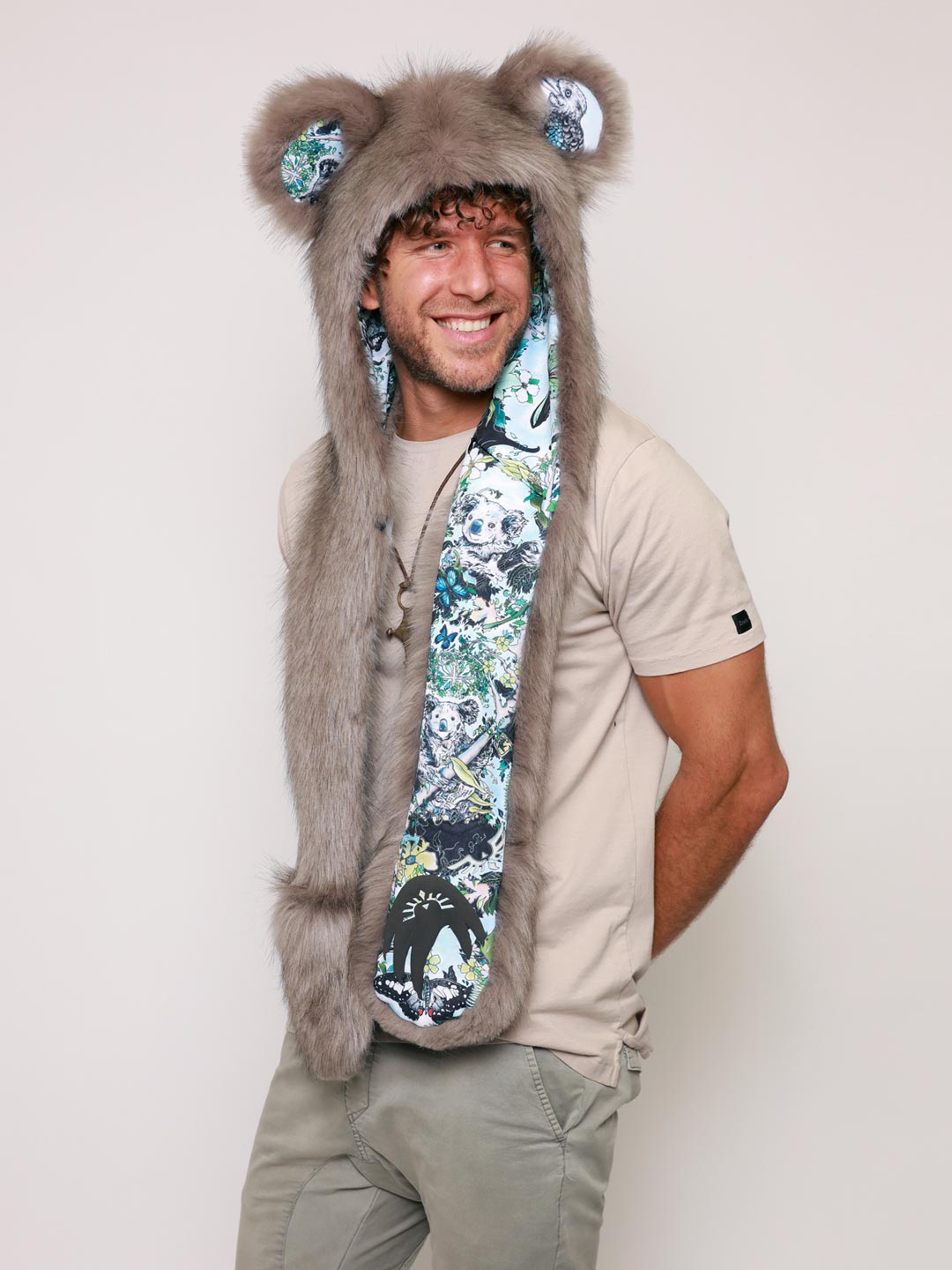 Man wearing faux fur James Patrick Koala Artist Edition SpiritHood, side view 2
