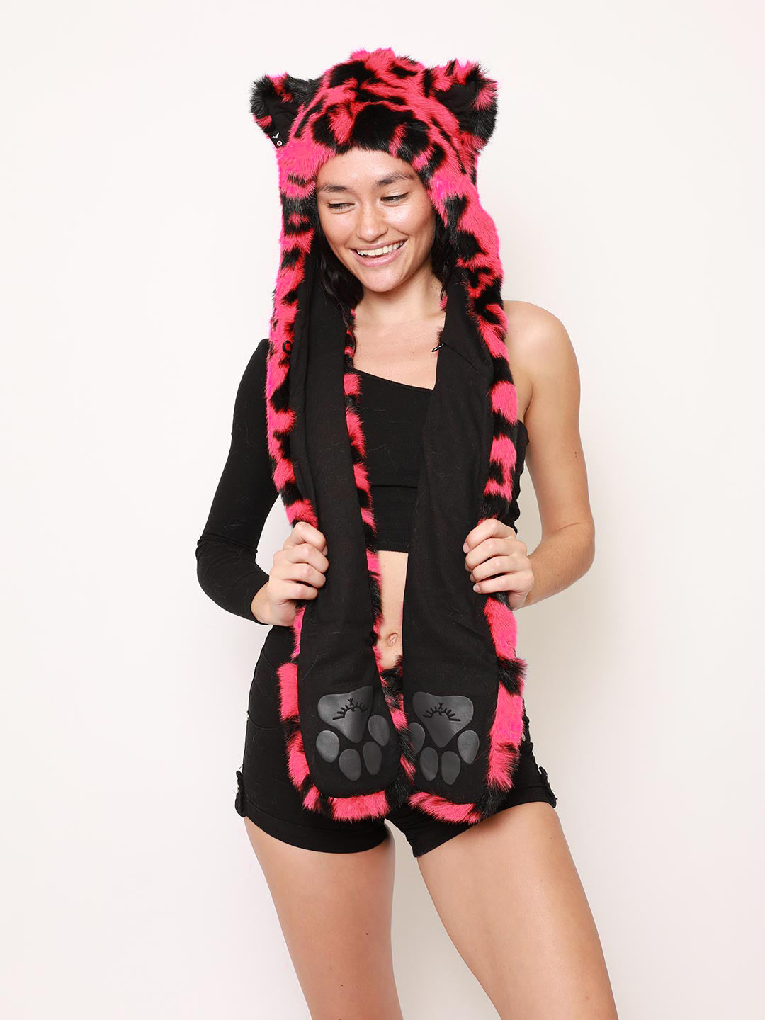 Woman Wearing Pink Panther Faux Fur Hood