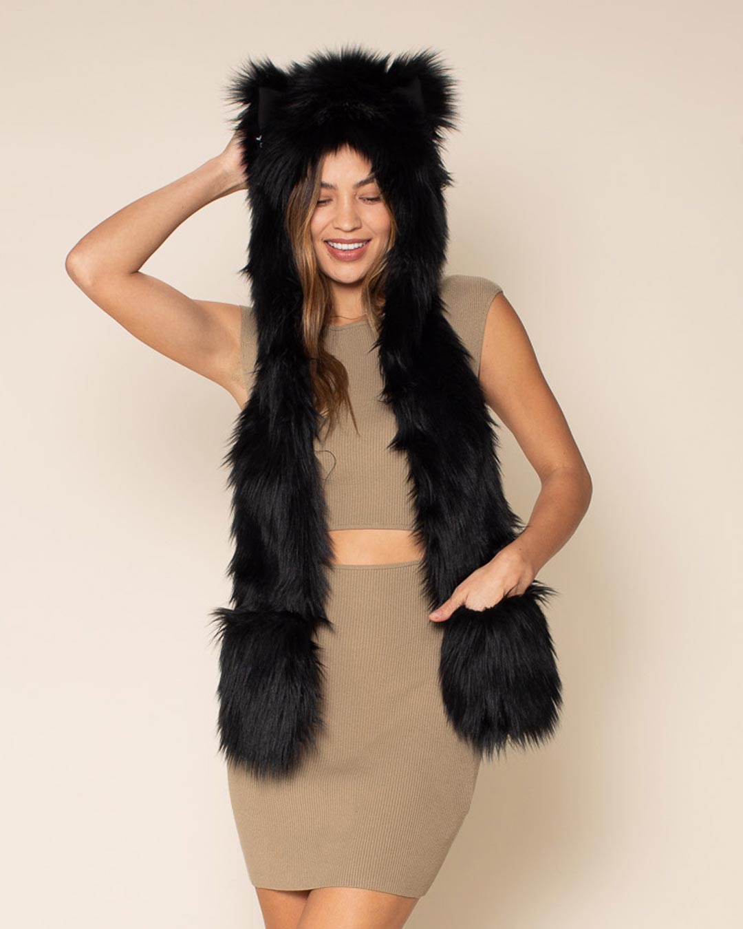 Black Wolf Faux Fur Hood | Women's