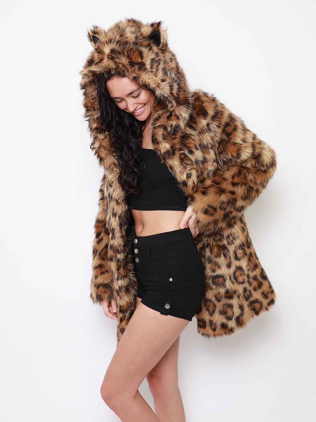 Woman wearing Javan Leopard Classic Faux Fur Coat *Almost Purfect* SpiritHood, side view 3