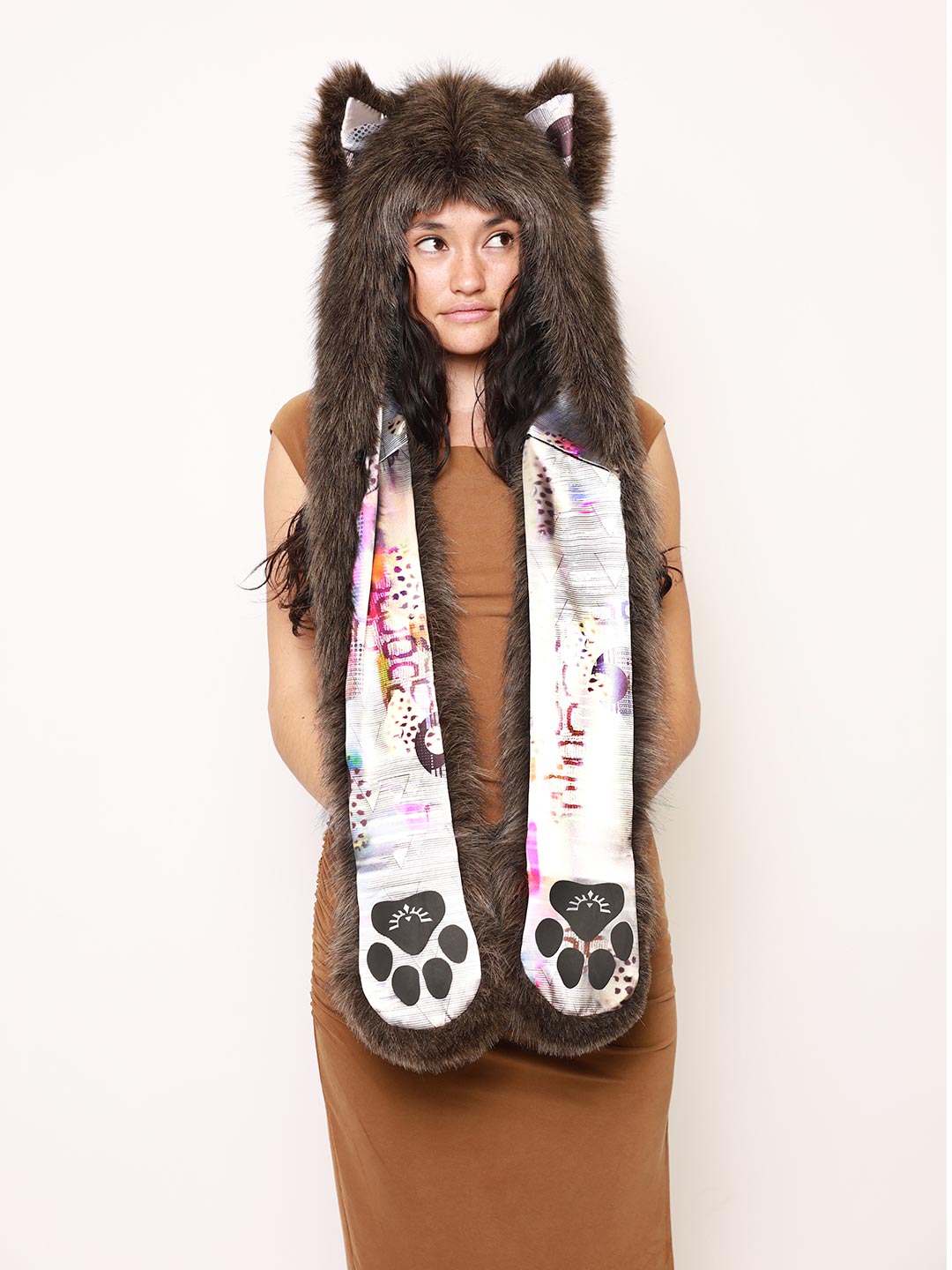 Woman wearing Cyber Wolf Collector Edition Faux Fur Hood, front view 2
