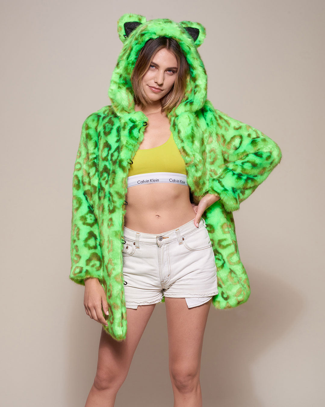 Woman wearing Neon Green Leopard Luxe Classic Faux Fur Coat, front view 1