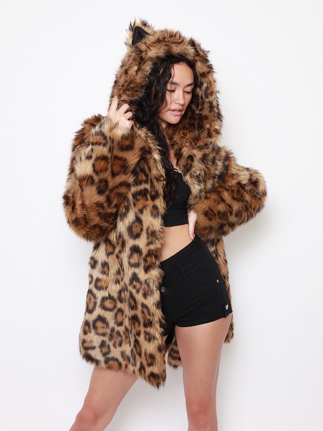 Woman wearing Javan Leopard Classic Faux Fur Coat *Almost Purfect* SpiritHood, front view 1