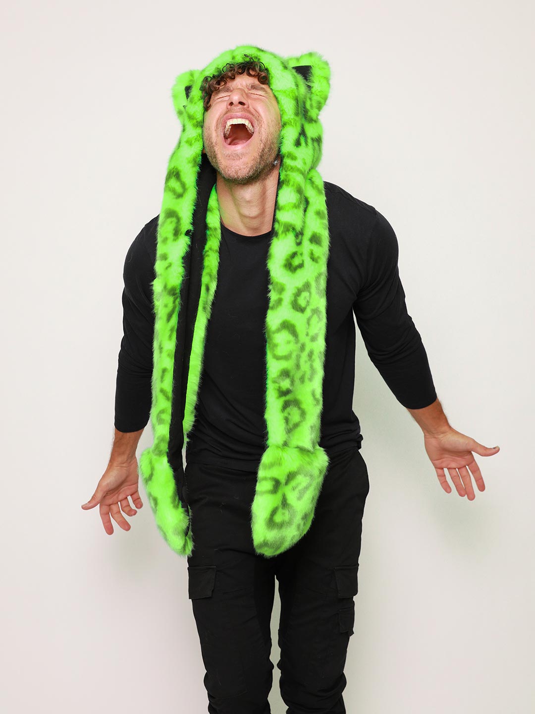 Man wearing Neon Green Leopard Luxe Collector Edition Faux Fur Hood, front view