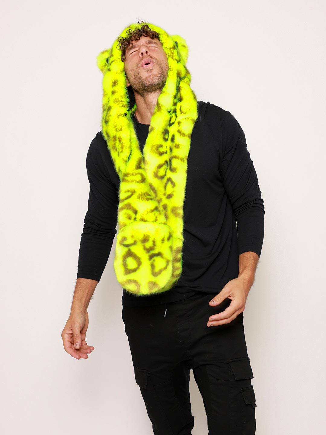 Man wearing Neon Yellow Leopard Luxe Collector Edition Faux Fur Hood, front view 2
