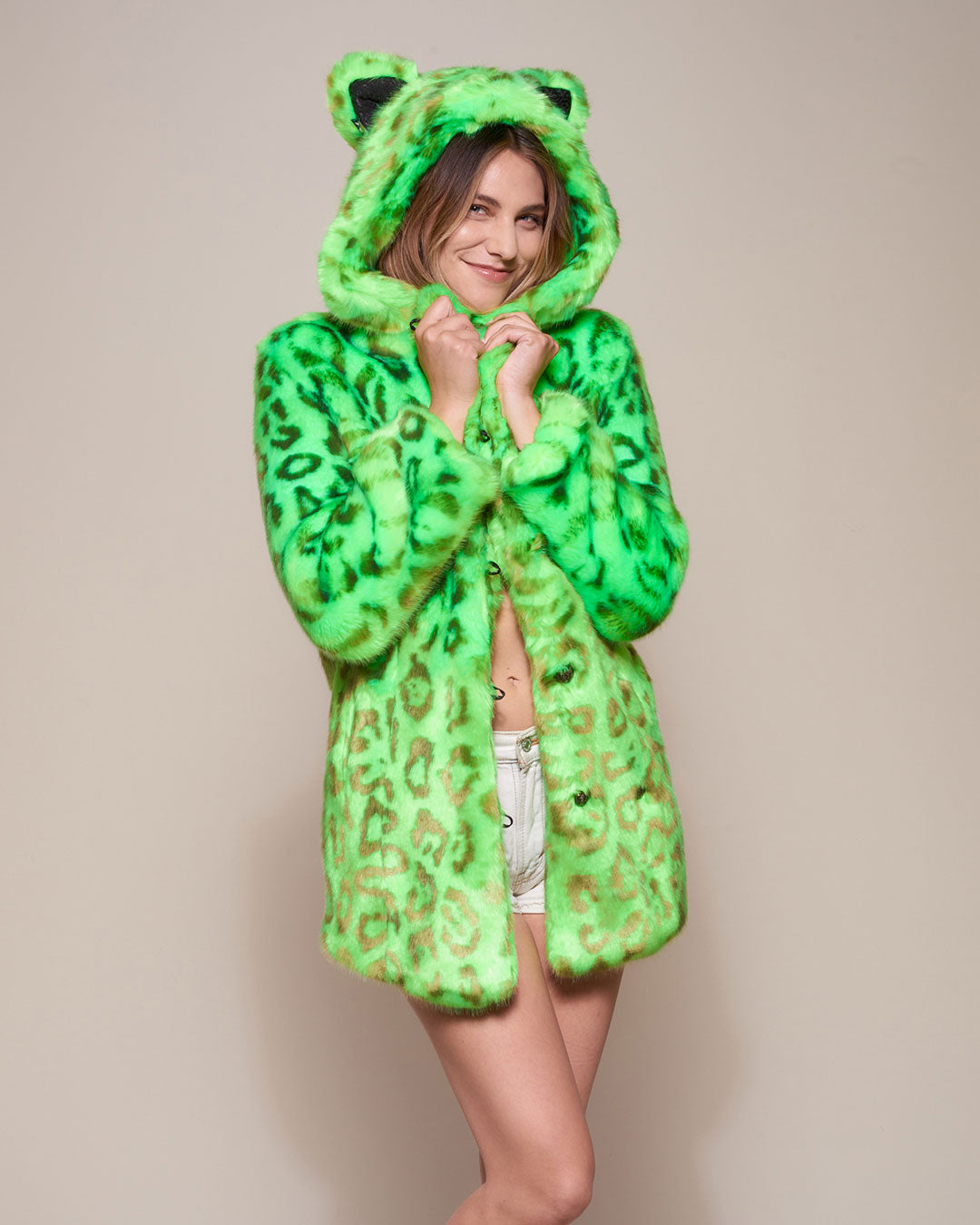 Woman wearing Neon Green Leopard Luxe Classic Faux Fur Coat, front view 2