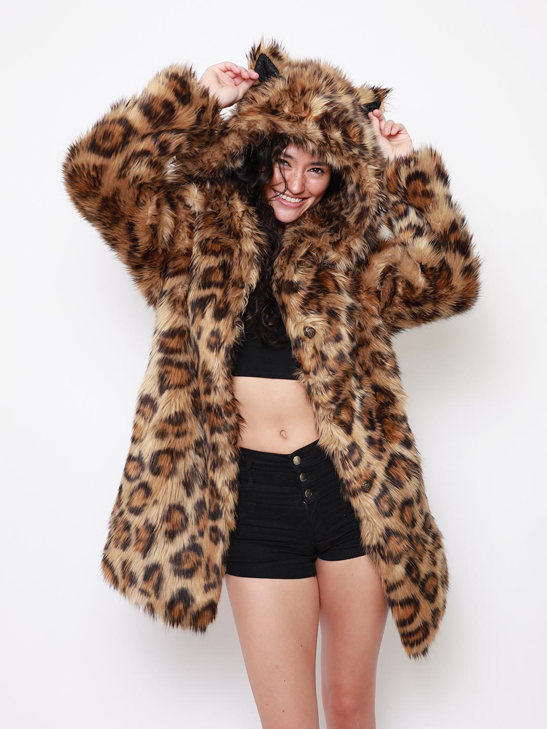 Woman wearing Javan Leopard Classic Faux Fur Coat *Almost Purfect* SpiritHood, front view