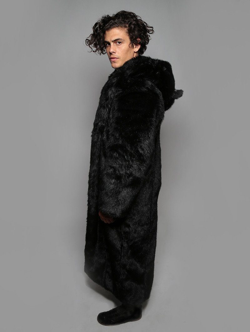 Man wearing Classic Black Wolf Faux Fur Long Coat, side view 2