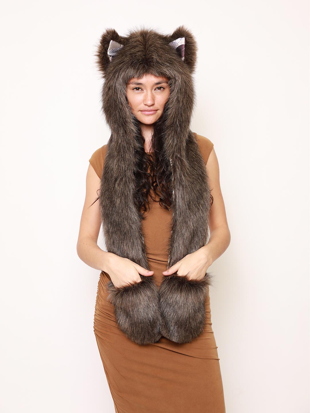 Woman wearing Cyber Wolf Collector Edition Faux Fur Hood