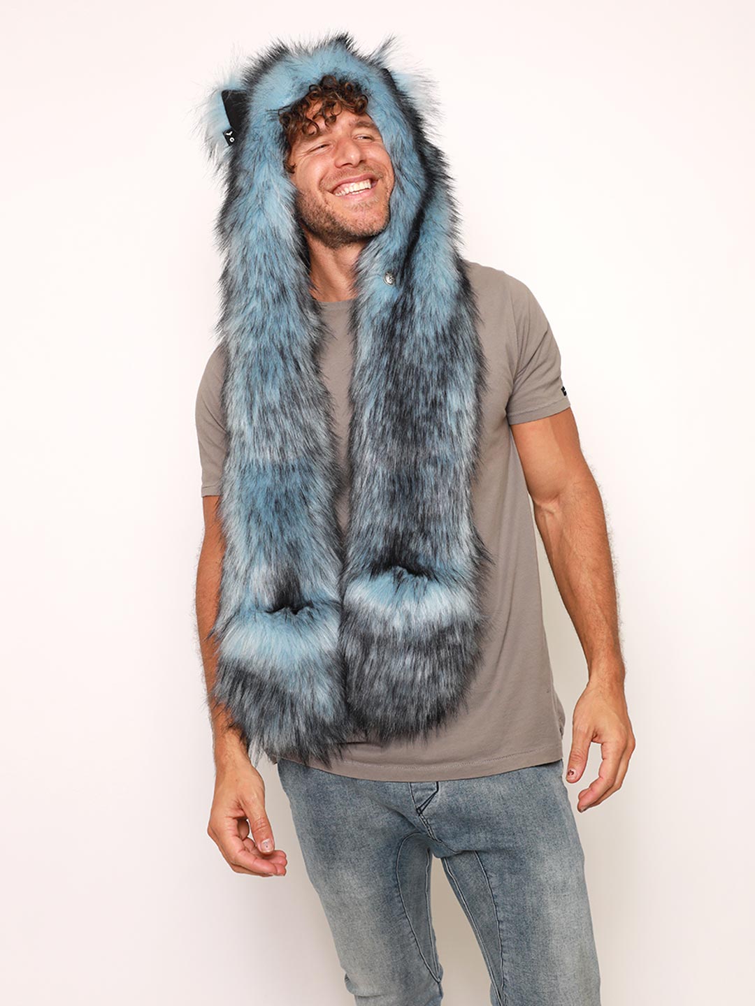 Man wearing Ice Husky Collector Edition Faux Fur Hood, front view 2
