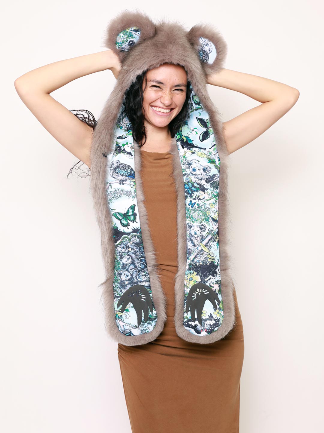 Female Wearing James Patrick Koala Artist Edition Faux Fur SpiritHood