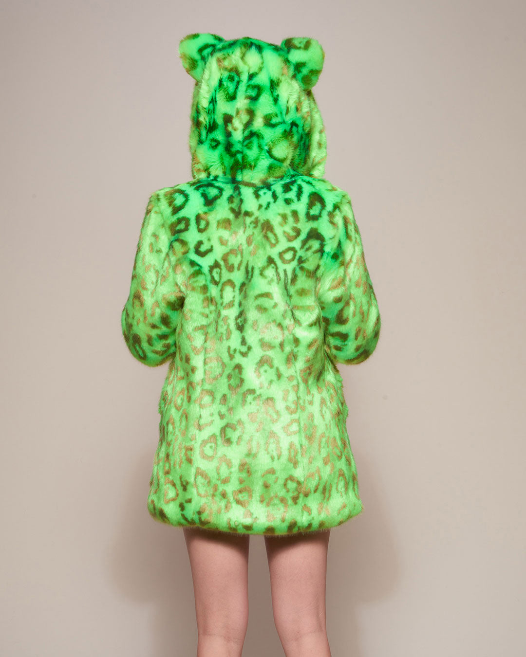 Woman wearing Neon Green Leopard Luxe Classic Faux Fur Coat, back view