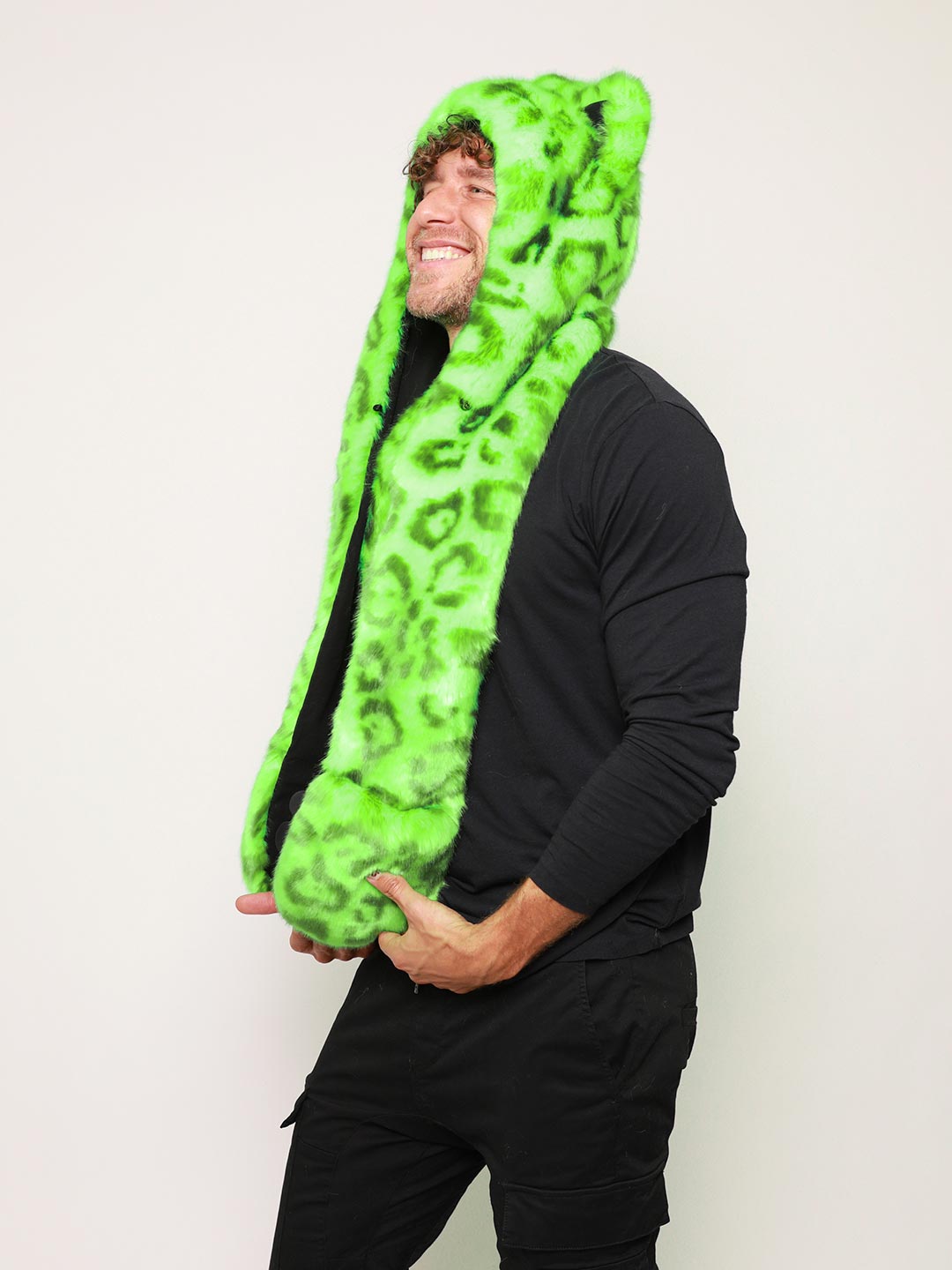 Man wearing Neon Green Leopard Luxe Collector Edition Faux Fur Hood, side view 1