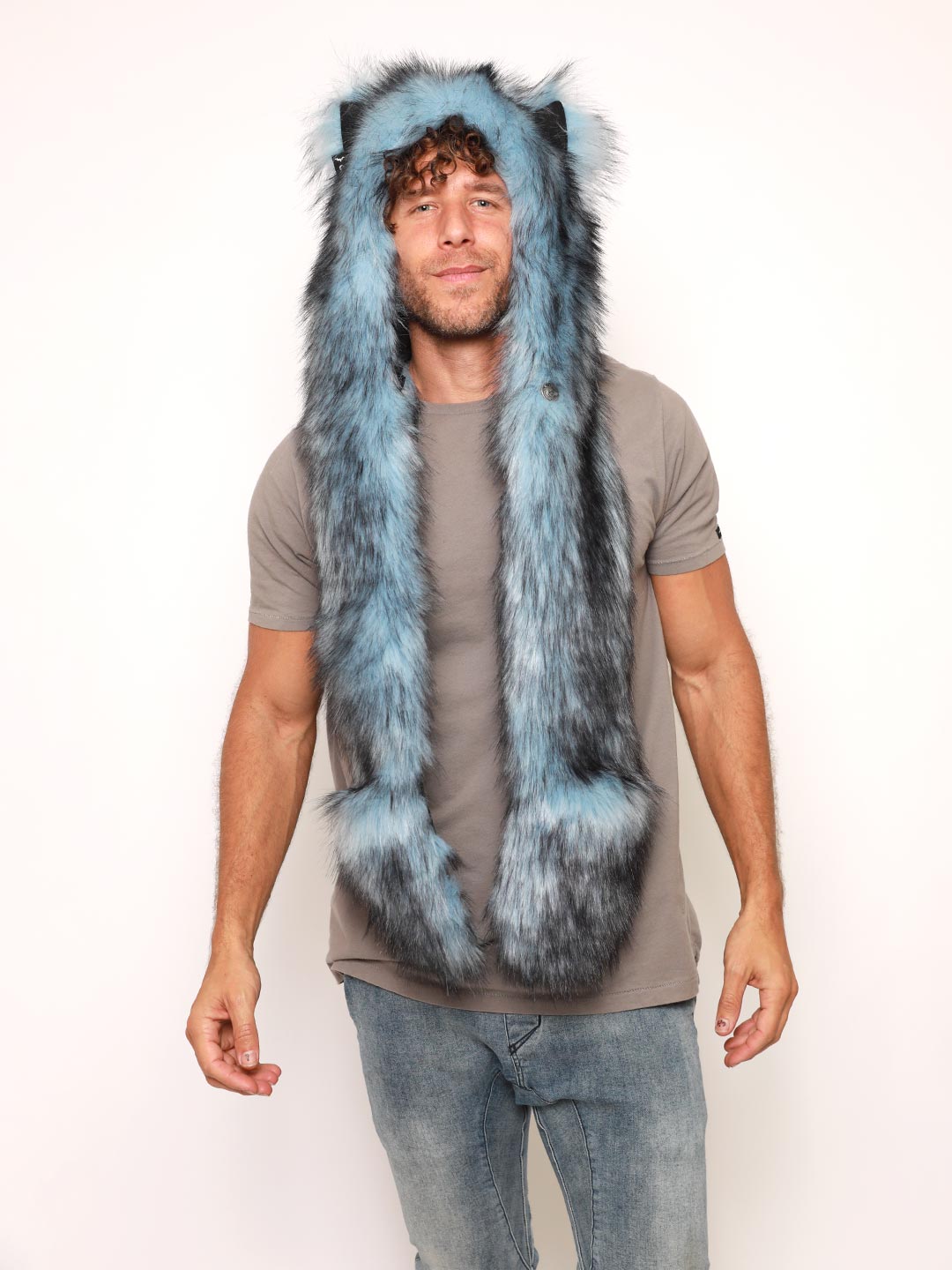 Man wearing Ice Husky Collector Edition Faux Fur Hood, front view 1