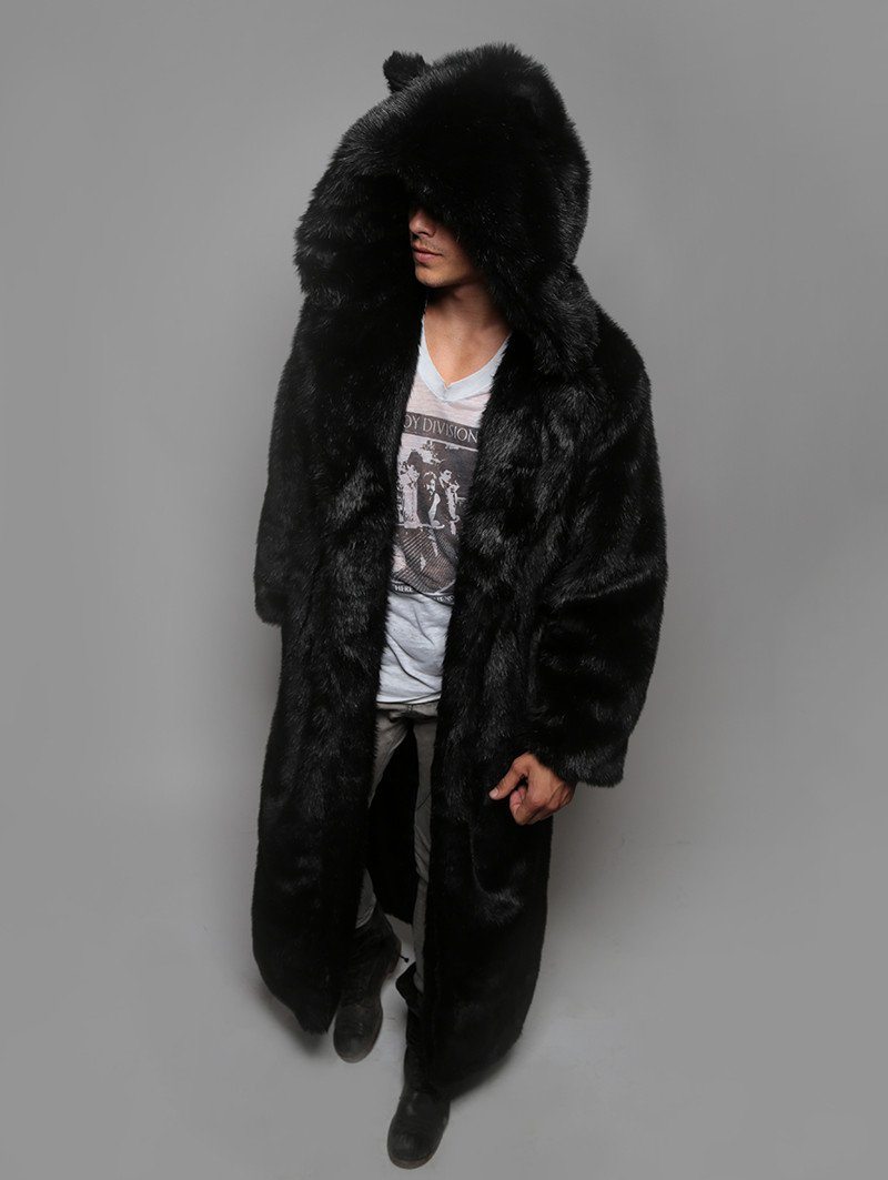 Man wearing Classic Black Wolf Faux Fur Long Coat, front view 3