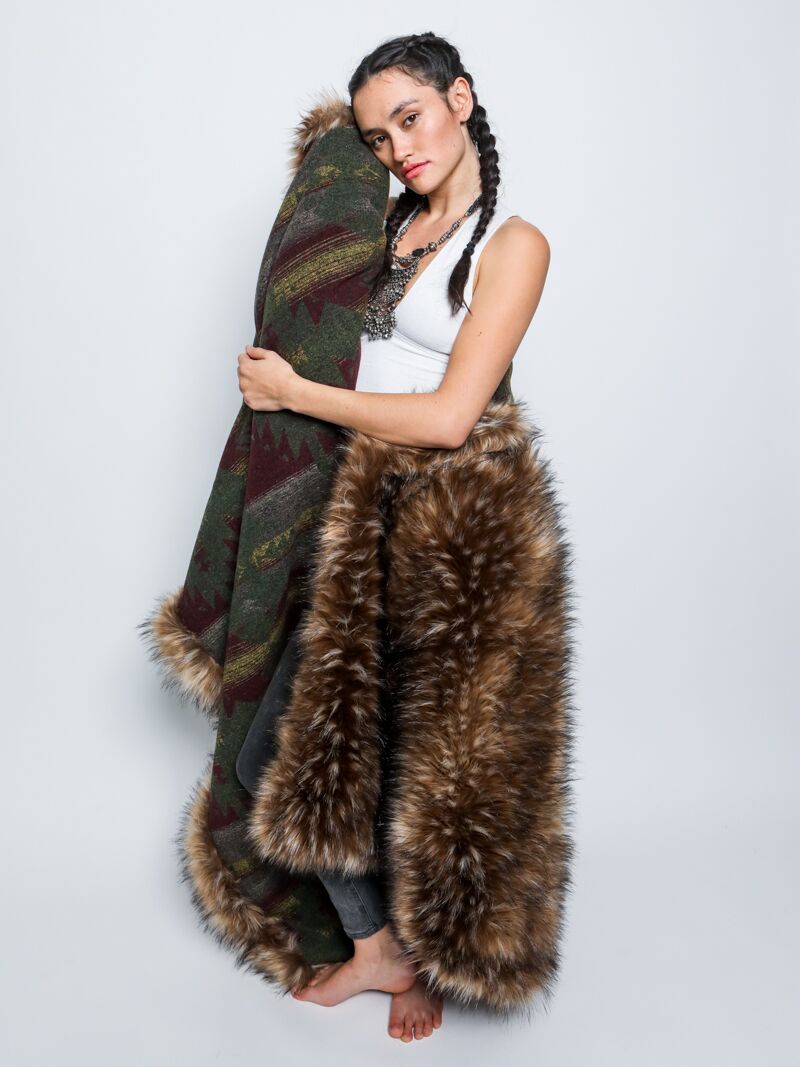 Brown Grizzly Faux Fur Throw Wrapped Around Female