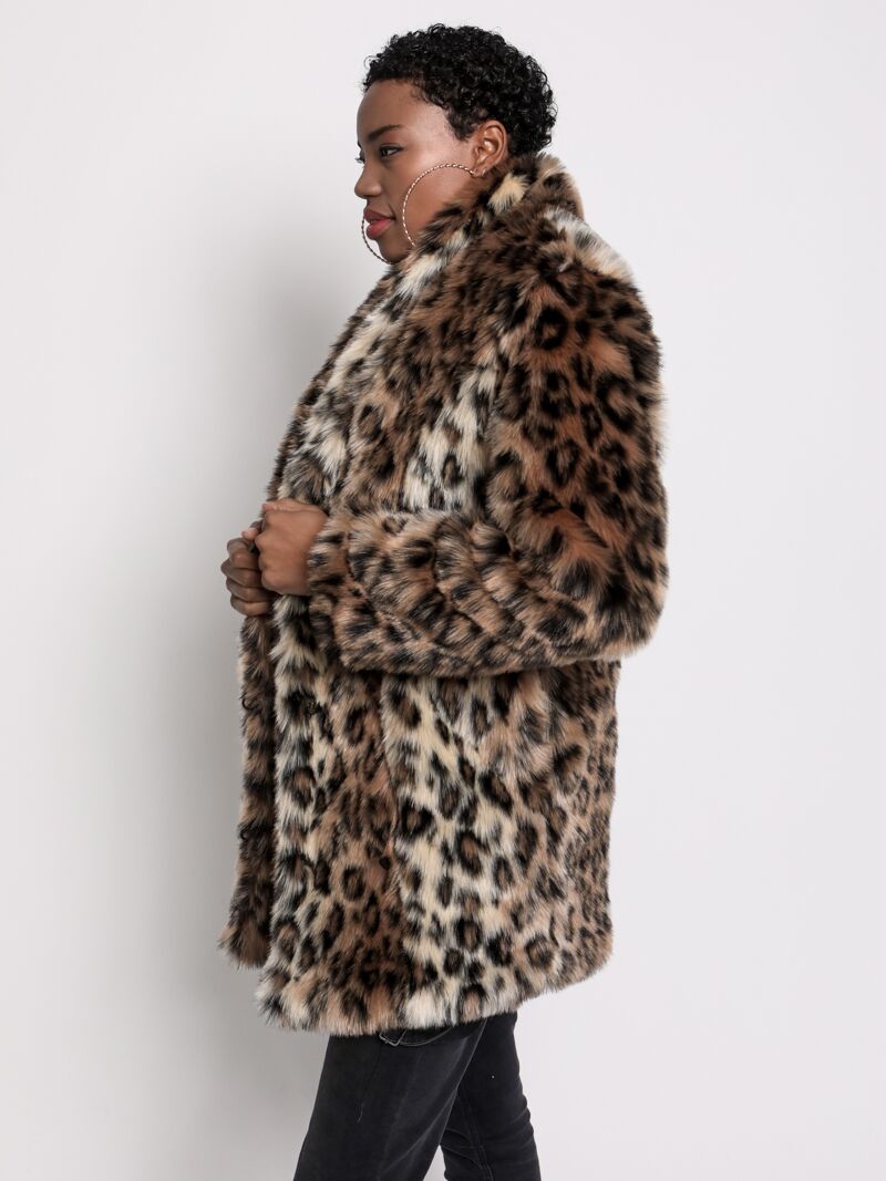 Leopard Faux Fur Coat with Collar on Female