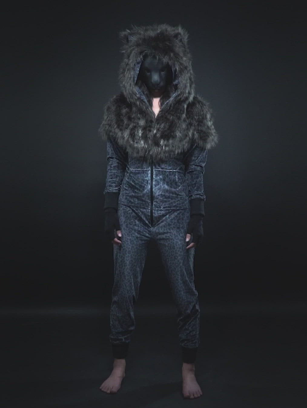 Video of Model Wearing Mask and Showing Features of the Black Panther Faux Fur Onesie