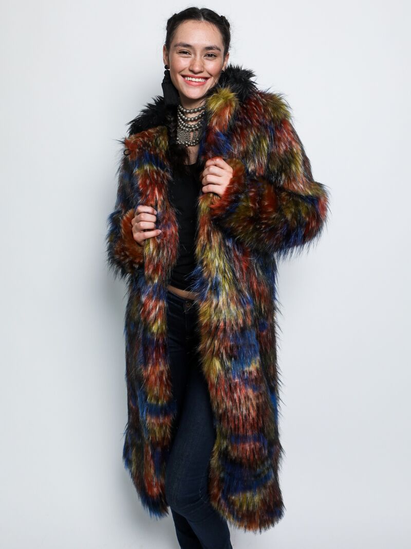 Parrot Calf Length Faux Fur Coat with Collar on Female Model