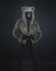 Video of Model in Mask Demonstrating Features of Hooded Savannah Cat Faux Fur Bomber Jacket