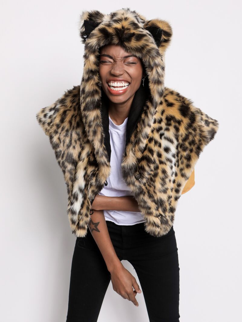 Woman wearing Cheetah Faux Fur SpiritHoods Shawl, front view 1