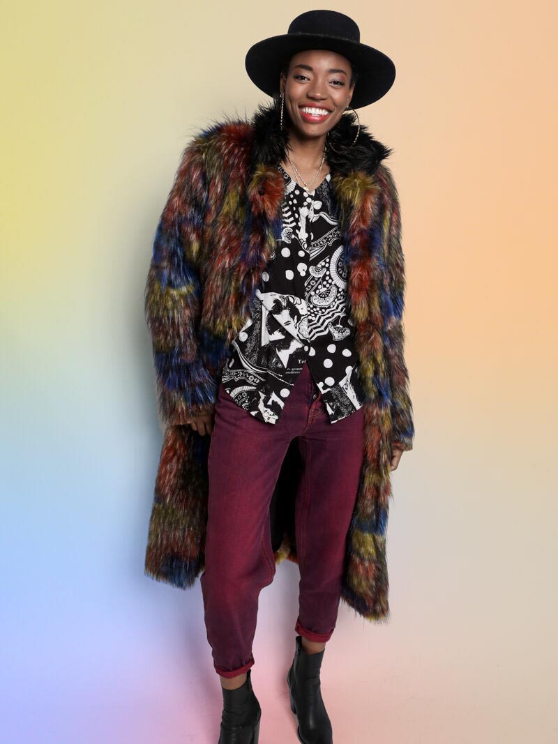 Colorful Parrot Calf Length Collared Faux Fur Coat on Female