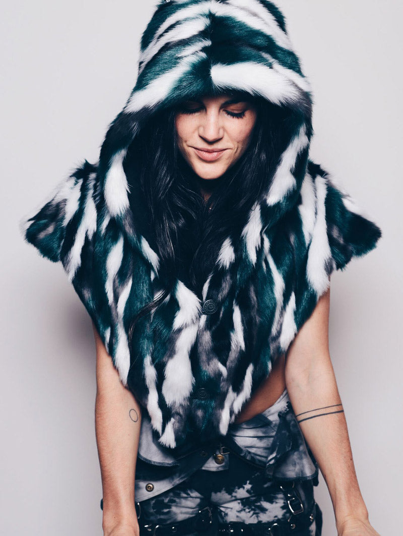Woman wearing Faux Fur Limited Edition Lapwing Shawl 2.0 SpiritHood, front view
