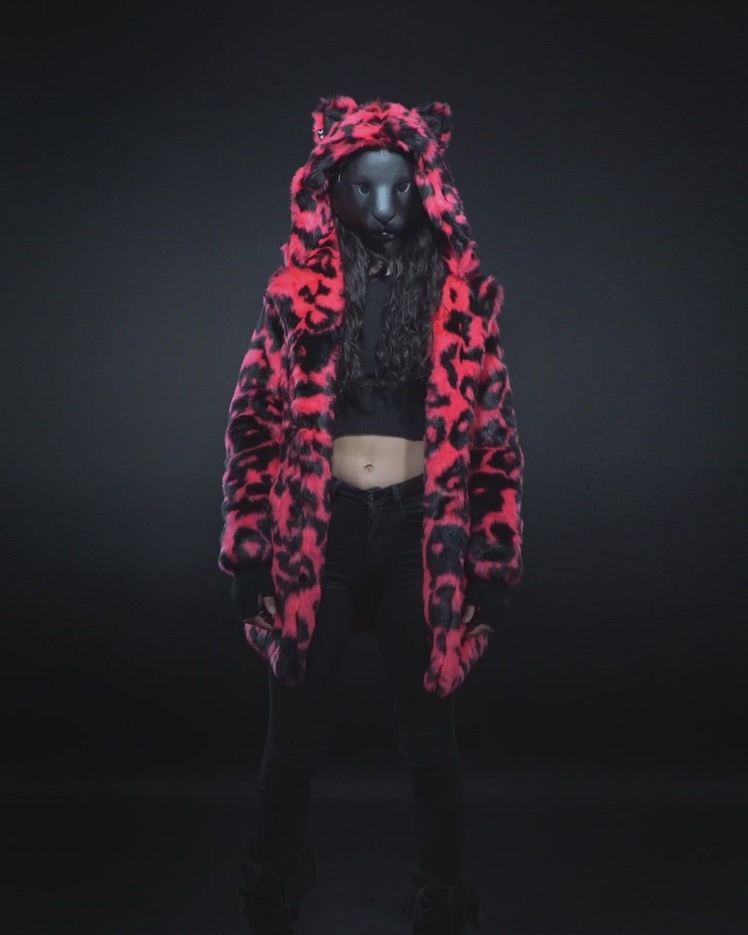 Neon Pink Leopard Faux Fur Womens Coat With Hood & Ears - SpiritHoods