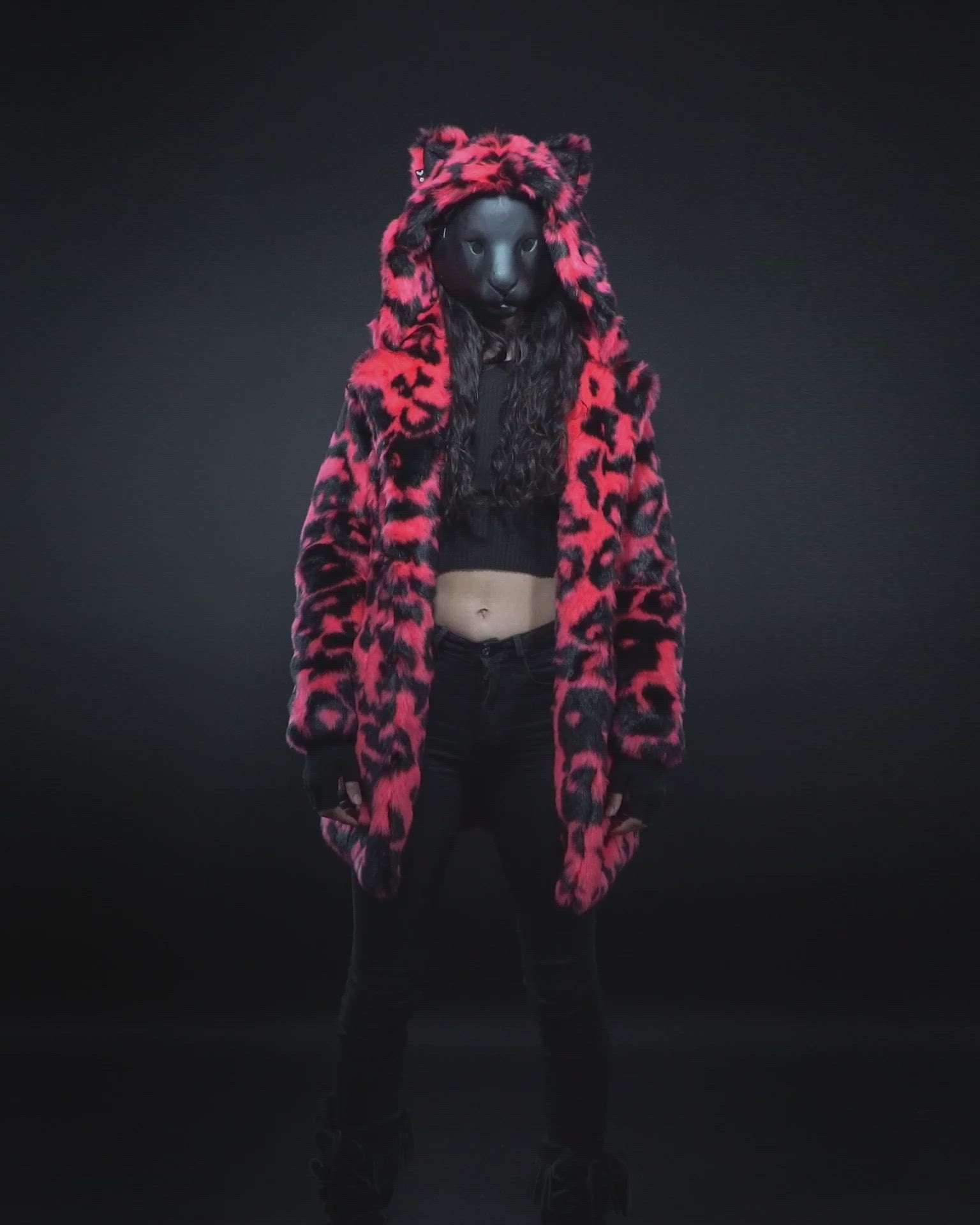 Woman wearing Neon Pink Leopard Classic Faux Fur Coat, full view