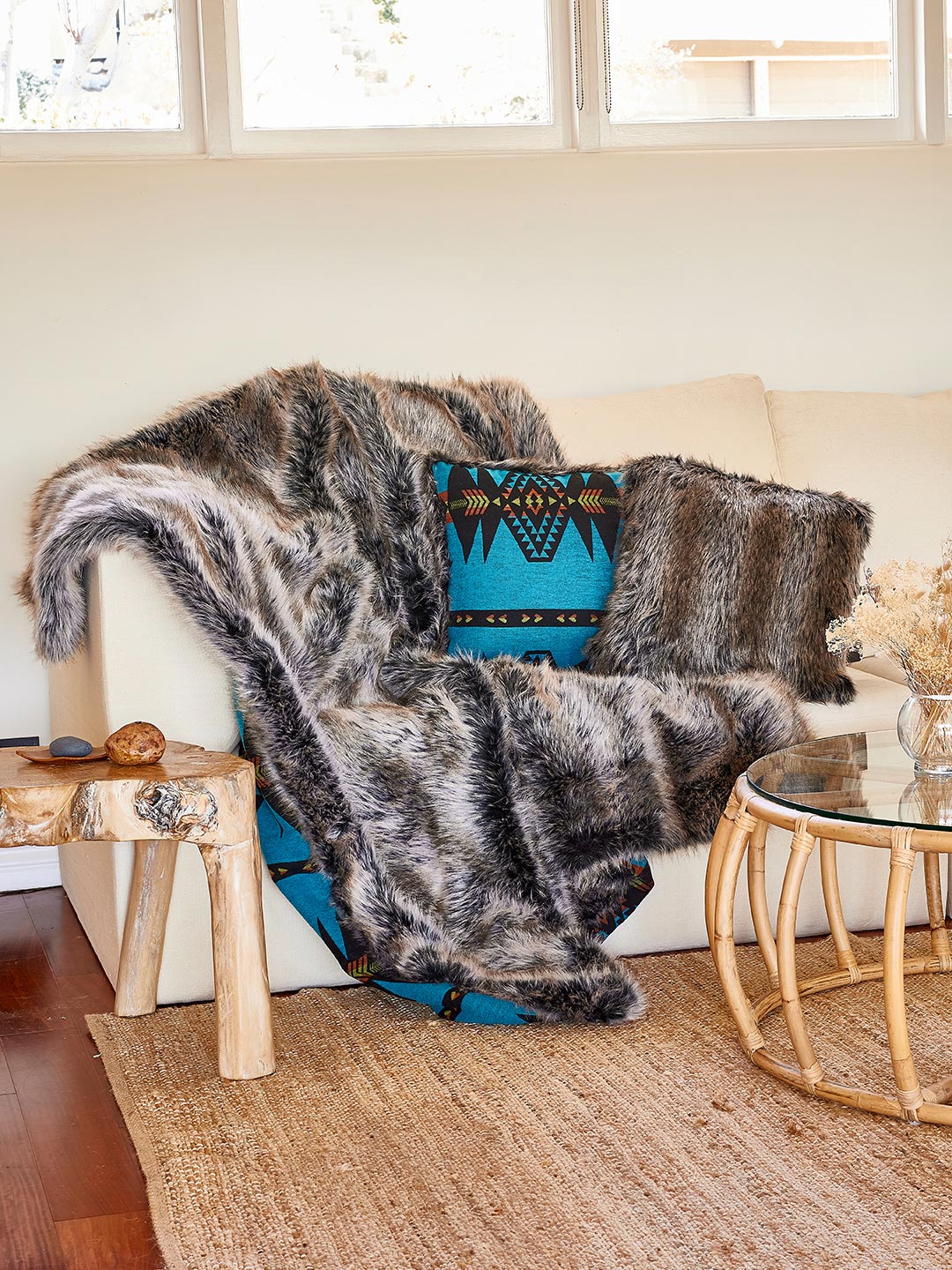 Faux Fur Throw in Grey Wolf Dessign Spread on Couch