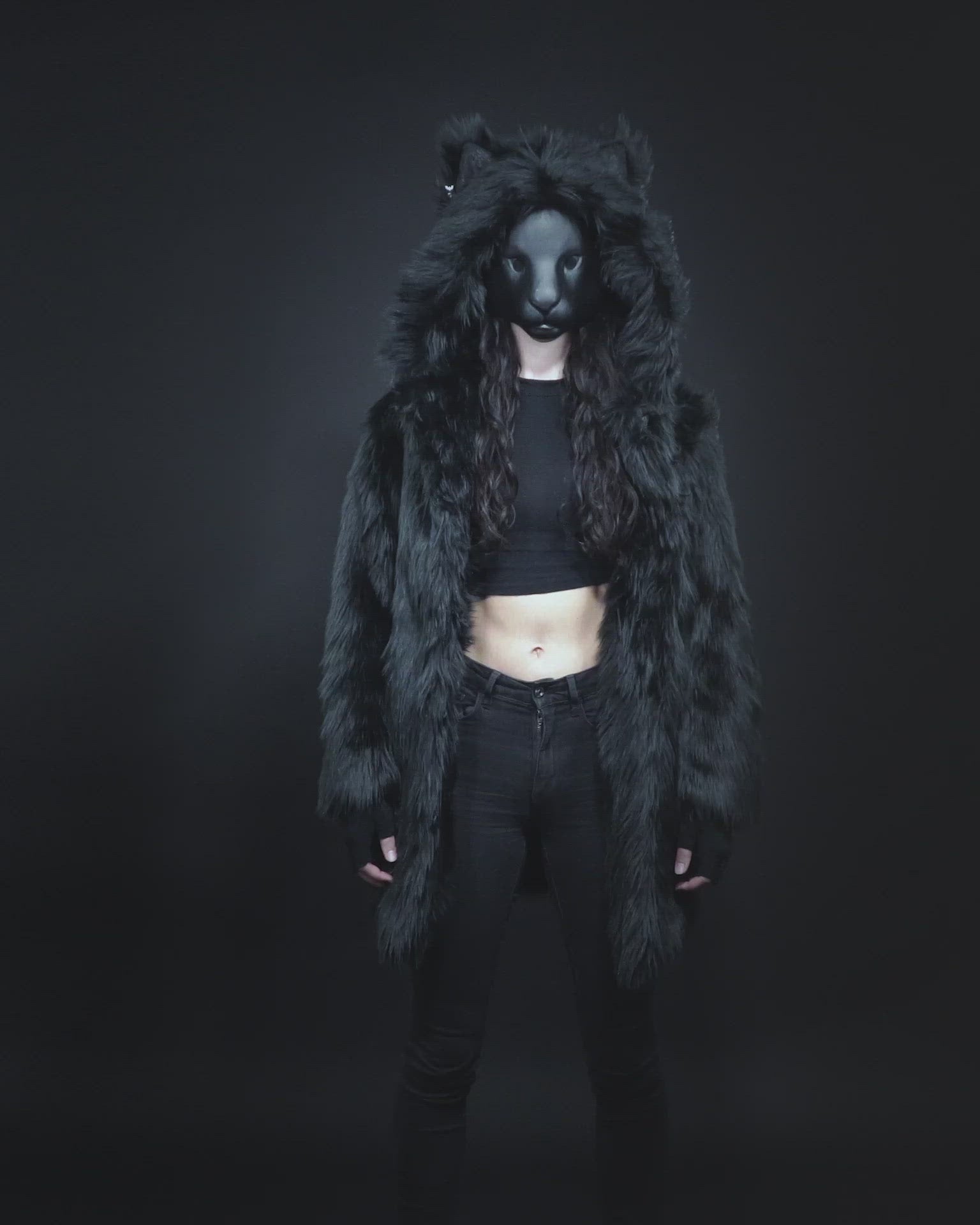 SpiritHoods LLC Black Wolf Hooded Faux Fur Coat | Men's XXL / Black