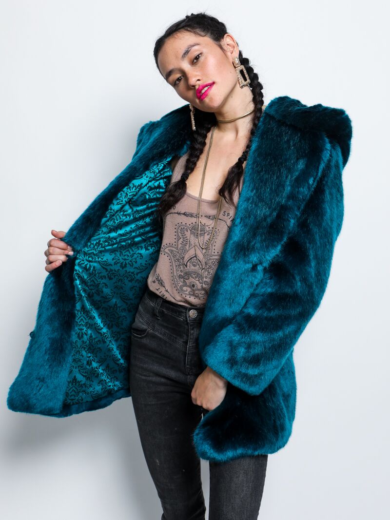 Teal Classic Royal Wolf Luxe Faux Fur Coat Collector Edition on Female