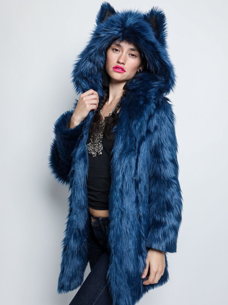 Water Wolf Faux Fur Coat Hood is Worn by Brunette Model