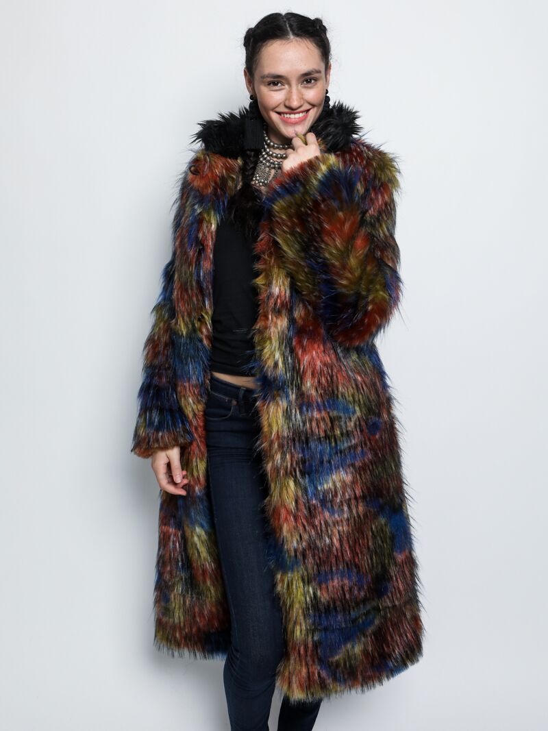 Collared Faux Fur Coat in Parrot Design