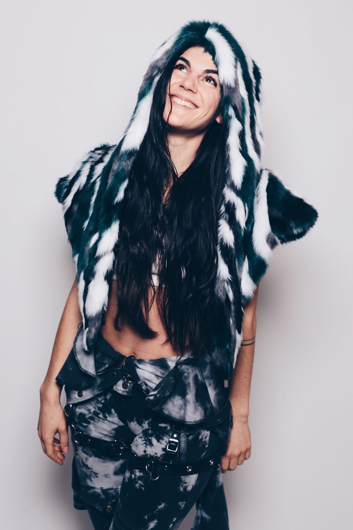 Woman wearing Faux Fur Limited Edition Lapwing Shawl 2.0 SpiritHood, front view 2