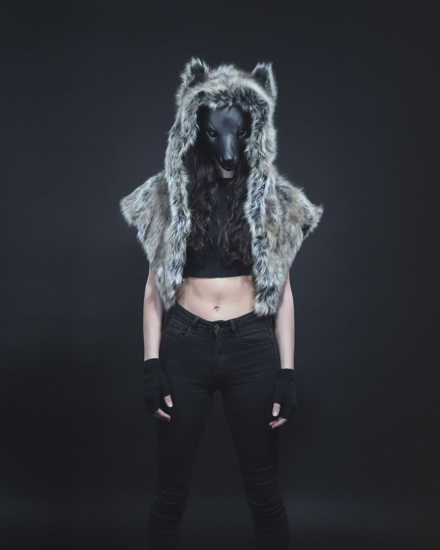 Woman Wearing Dire Wolf Faux Fur Shawl with Hood and Inside Pocket