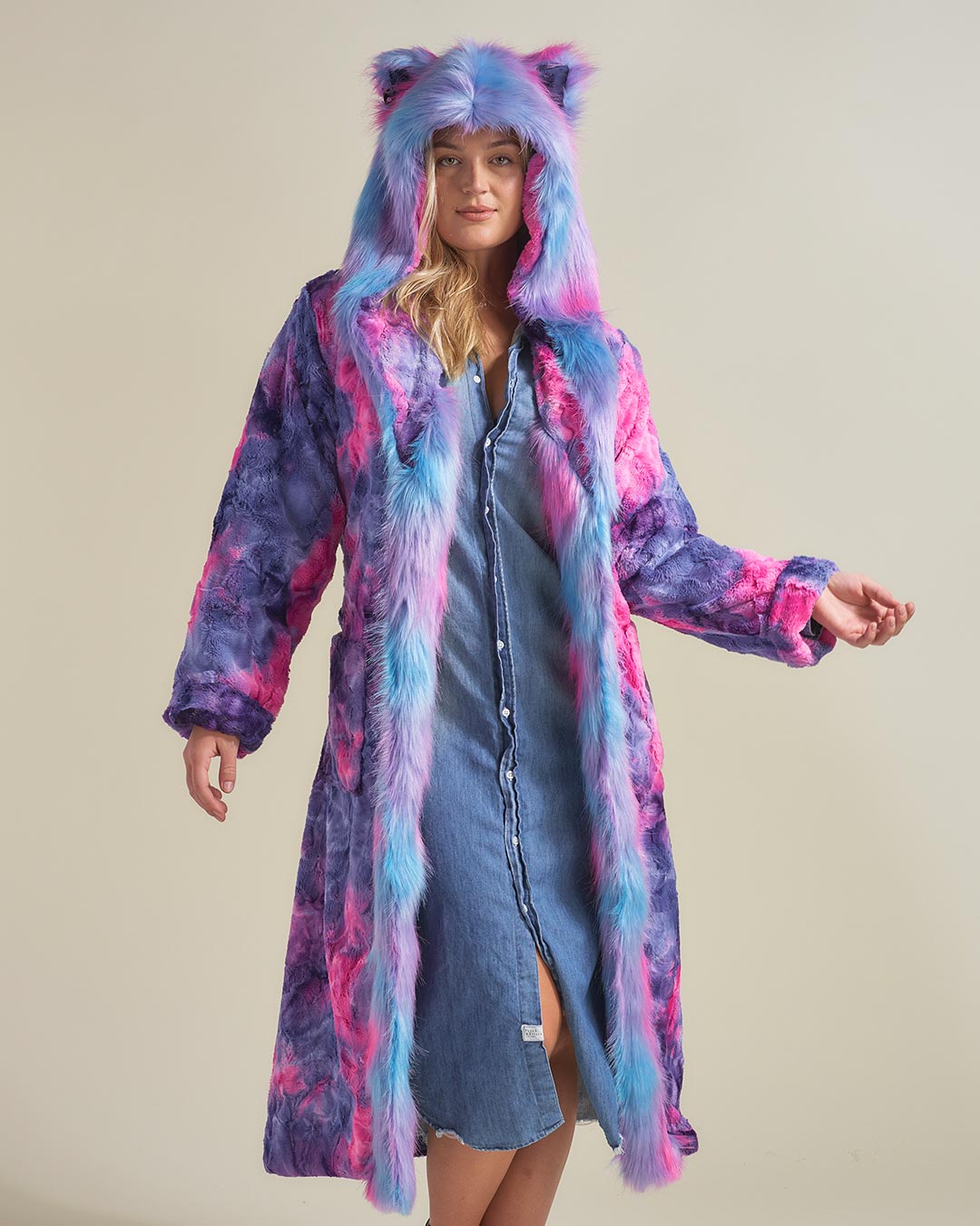 Woman wearing Cotton Candy Kitty Classic Faux Fur Style Robe with Hood
