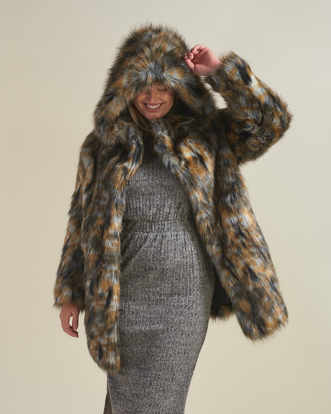 Brindle Wolf Faux Fur Coat with Hood on Female