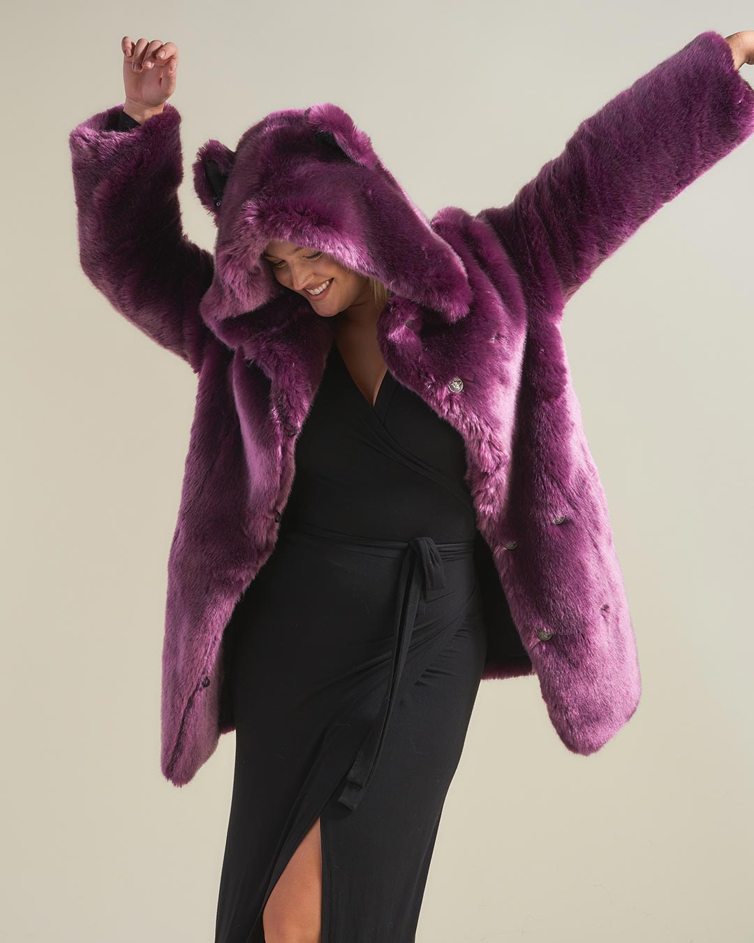 Woman wearing Lavender Wolf Luxe Classic Faux Fur Coat, front view 3
