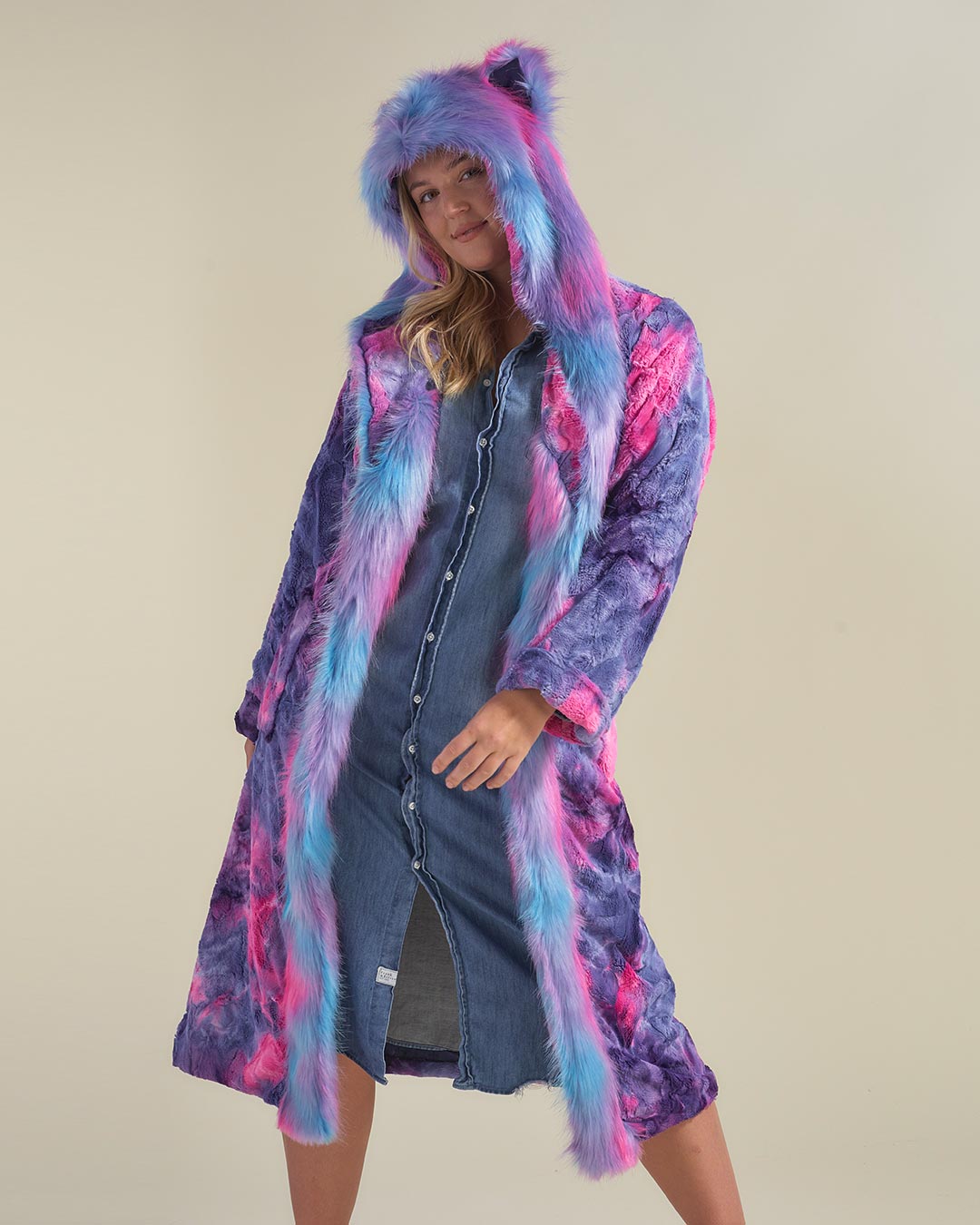 Woman wearing Classic Faux Fur Style Robe with Hood in Cotton Candy Kitty Design