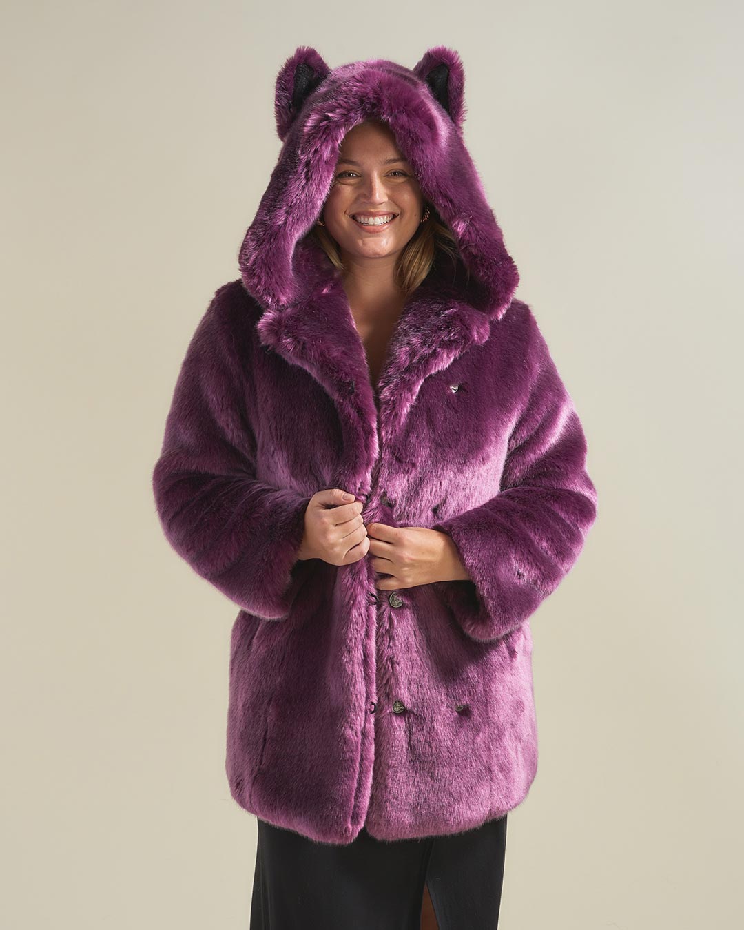 Woman wearing Lavender Wolf Luxe Classic Faux Fur Coat, front view 2