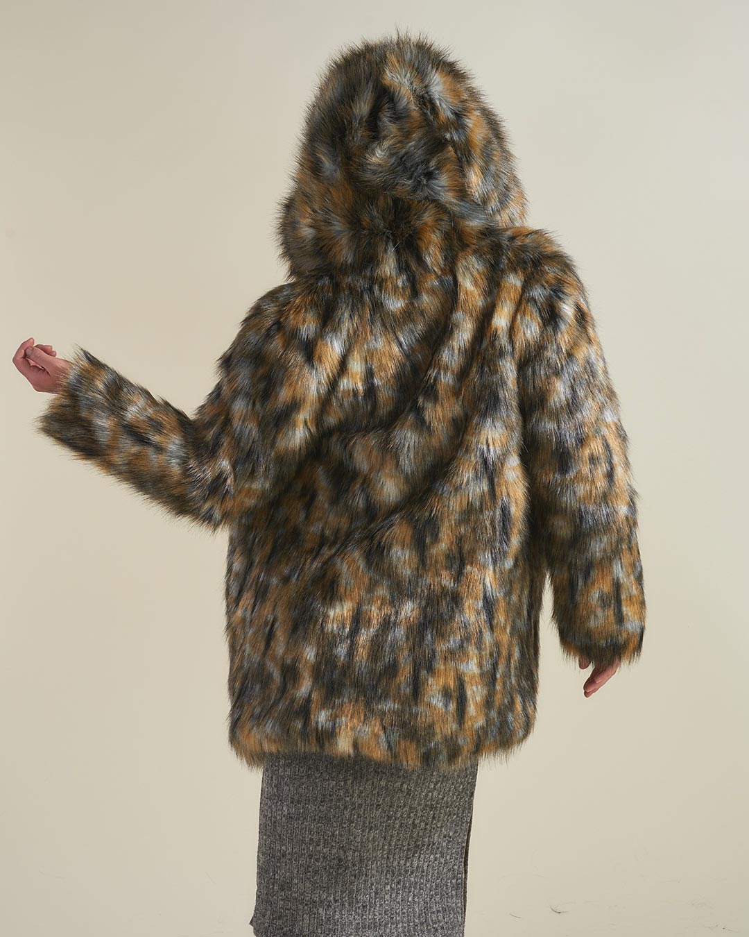 Back View of Brindle Wolf Faux Fur Coat with Hood