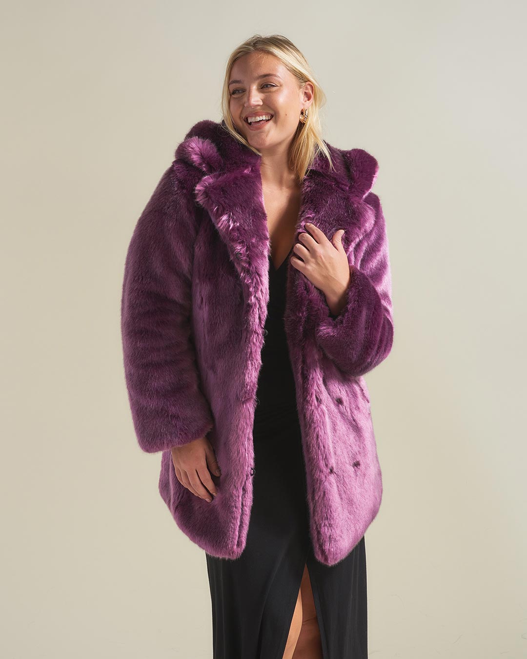 Woman wearing Lavender Wolf Luxe Classic Faux Fur Coat, front view